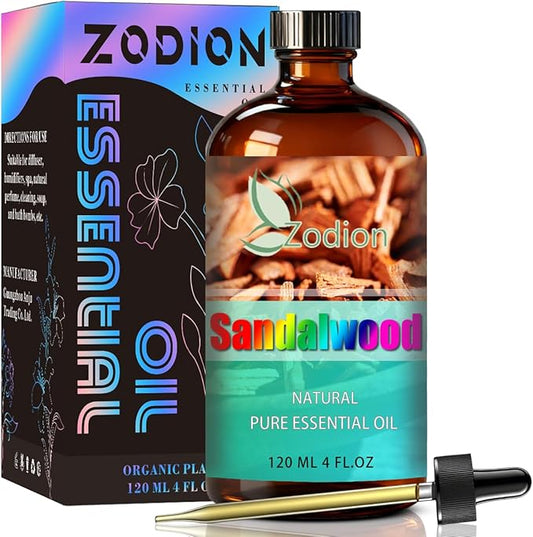 Sandalwood Essential Oil, 4 fl oz (120ml) - ZODION Sandalwood Fragrance Oil for Diffuser, Massage, Humidifier, DIY Candle, Soap Making, Home, Bath, Yoga