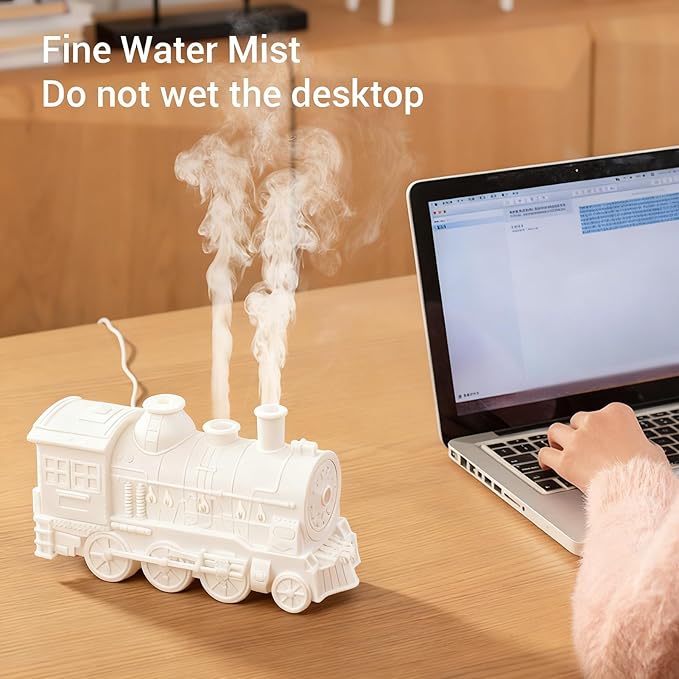 Heayzoki Train Humidifier 300ML Essential Oil Diffuser, Cool Mist Humidifier Dual Spray Modes with Night Light for Relaxation Home Decor Bedroom Desk (White)