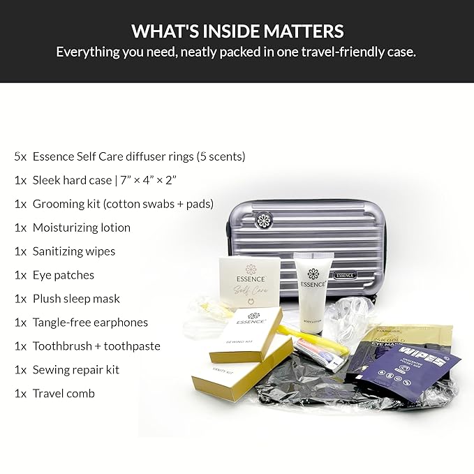 Essence Travel Amenity Kit | Travel Essentials & Travel Size Toiletries Kit | 5-Pack Nasal Diffuser Rings, Sleep Mask, Lotion & Hygiene Kit | Travel Toiletry Kit for Women | Gray Case