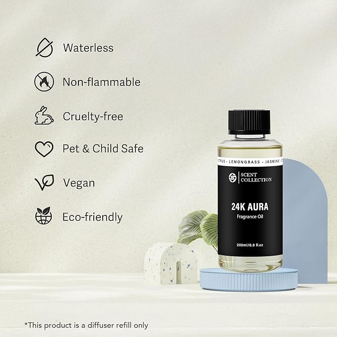 Luxury Hotel Scent 24K Aura 200ml/6.76Fl oz Diffuser Oil Waterless Essential Aromatherapy for Cold Air & Car Diffusers – Long Lasting Refill for Large Room & Home - Signature Lemongrass