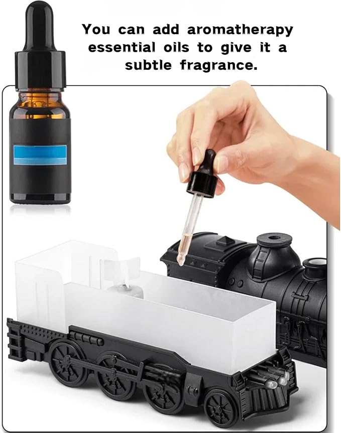 300ML Vintage Train Diffuser & Cool Mist Humidifier with Steam Effect, Remote Control, Dual Modes & Warm Blue LED Light (Black, With remote control)
