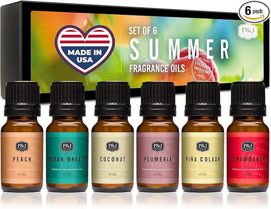 P&J Trading Summer Set of 6 Fragrance Oils - Peach, Strawberry, Plumeria, Coconut, Ocean Breeze, Pina Colada Candle Scents, Soapmaking, Diffuser Oil