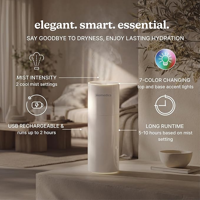 Homedics Portable Humidifier – Small Ultrasonic Cool Mist Humidifier for Bedroom, Desk & Travel, Mini Personal Humidifier, 7.7 oz Tank, Auto Shutoff, Night Light, Rechargeable (Gloss White)