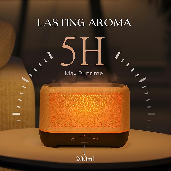 Earnest Living Essential Oil Diffuser Classic Flame Diffuser 200ml Timers Night Lights and Auto Off Function Home Office Humidifier Aromatherapy Diffusers for Essential Oils Wood