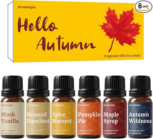 Diffuser Essential Oils, Aromtopia Fall Fragrance Oil for Candle Making, Essential Oils for Diffusers for Home, 6x10ml Autumn Set, Soap Making Scents, Pumpkin Pie, Musk Vanilla, Autumn Wildness, More