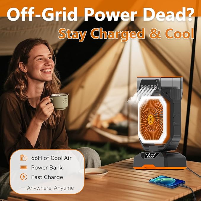 Desk Fan 5 Sprayers Rechargeable Misting Fan for Camping & Home – 6 Speed Portable Cooling Fan with Mist 560ml Water Tank Aromatherapy Diffuser Timer 27000mAh Fast-Charging Battery (Black & Orange)
