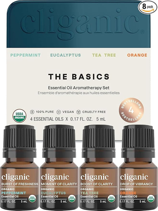 Cliganic Organic Essential Oils Gift Set (Top 4 - The Basics - Pack of 2), 100% Pure Natural Aromatherapy - Peppermint, Eucalyptus, Tea Tree & Orange