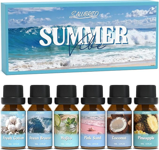SALUBRITO Summer Fragrance Oils Set, Premium Essential Oils Set for Diffuser, Candle, Soap Making, Fresh Cotton, Coconut, Mojito, Pineapple, Ocean Breeze, Pink Island, Strong Scented Oils