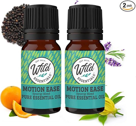 Wild Essentials Motion Ease 100% Pure Essential Oil Synergy Blend 2 Pack - 10ml, Formula for Motion Sickness, Nausea, Upset Stomach, Vertigo, Dizzy, seasick, carsick. Made and Bottled in The USA