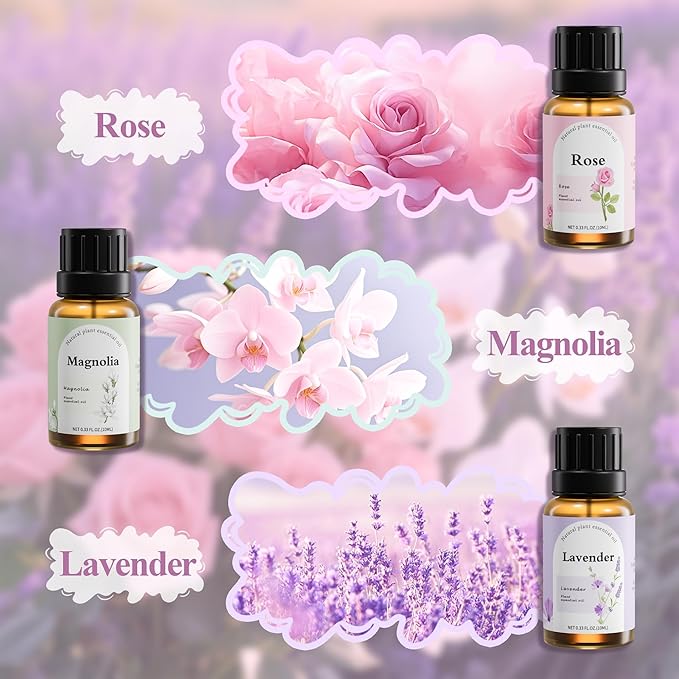 Natural Essential Oil Blend Set - 6x10ml Floral Garden Collection - Plant-Based Scented Oils for Diffuser, Humidifier, Home Fragrance & DIY - Vanilla, Sandalwood, Lavender, Jasmine, Rose, Magnolia