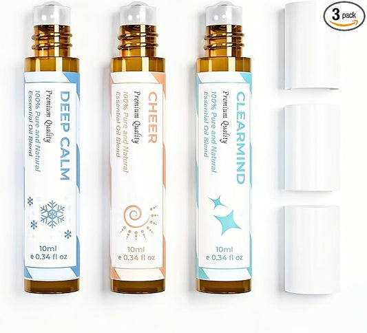 Essential Oil Set (Deep Calm, Cheer, ClearMind), Aromatherapy Roll On Blends for Massage, Body Care & Home Use, Great Fragrance Roller Gift for Men & Women