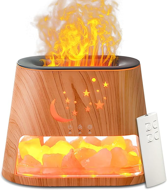 Flame Essential Oil Diffuser & Himalayan Salt Lamp: 260ml Aromatherapy Diffuser & Ultrasonic Cool Mist Humidifier with Himalayan Pink Salt Rock, Remote, 7-Color LED, 3 Timer (Moon Star + Wood Grain)