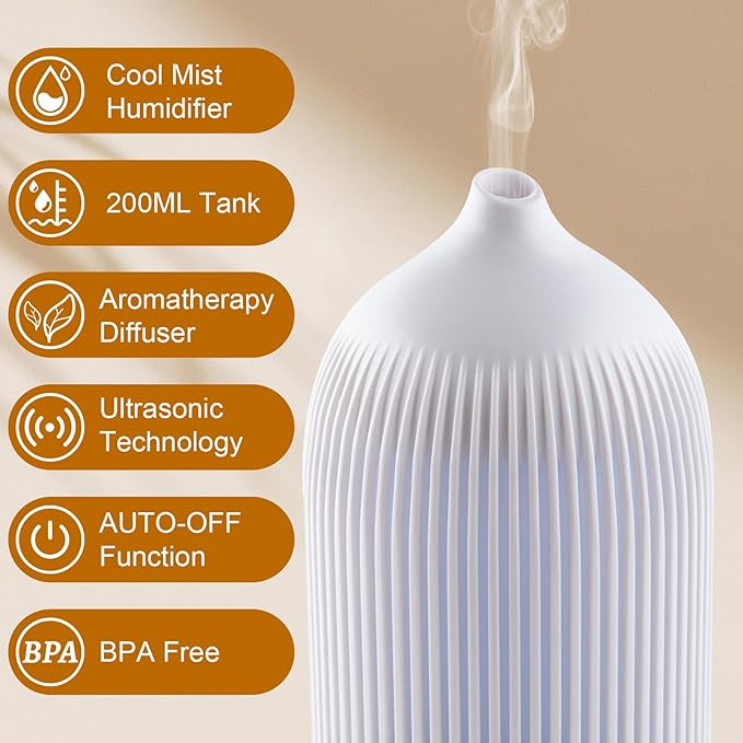 Essential Oil Diffuser 200ML Aromatherapy Diffuser Cool Mist 7 Color & Waterless Auto Off, Air Diffusers for Home Office Bedroom(White)