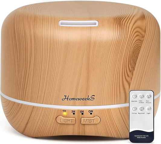 Homeweeks 300ml Essential Oil Diffuser, Quiet Aromatherapy Mist Diffusers for Essential Oils, Wood Grain, Ultrasonic, Remote Control, Timer, 7 Colors Light for Bedroom (300ml Yellow Wood Grain)