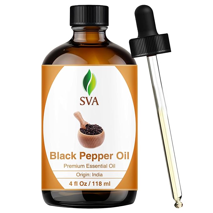 SVA Black Pepper Essential Oil – 4 Fl Oz – 100% Natural Black Pepper Oil - for Diffuser, Hair Care, Face, Skin Care, Aromatherapy, Scalp and Body Massage, Soap and Candle Making – with Dropper