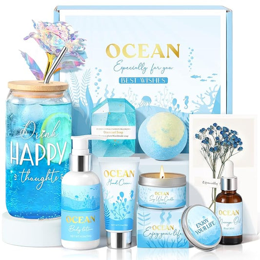 Mothers Day Gifts for Mom, Birthday Gifts for Women, Relaxing Spa Gift Baskets for Women, Ocean Scented Self Care Gift, Bath and Body Inspirational Set for Her Wife Friends Sister Girlfriend Coworker