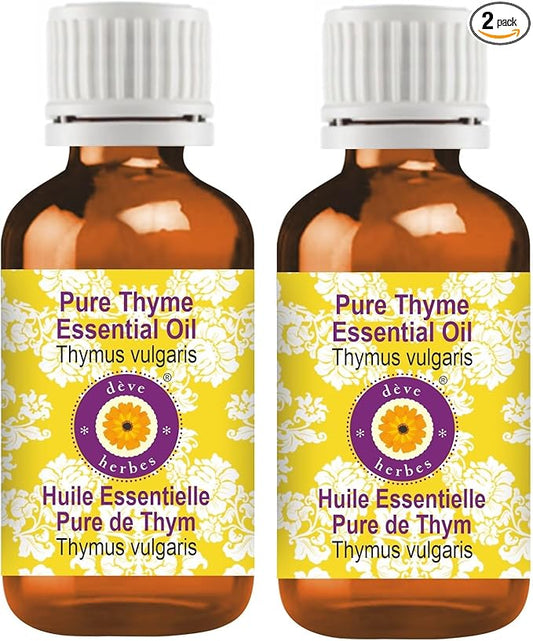 Deve Herbes Pure Thyme Essential Oil (Thymus vulgaris) Steam Distilled (Pack of Two) 100ml X 2 (6.76 oz)