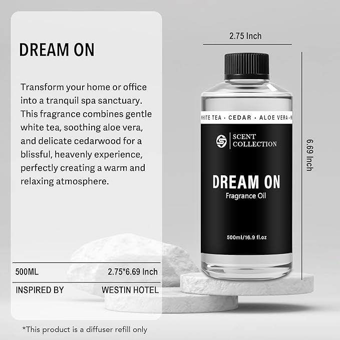 Luxury Hotel Scent Dream On 500ml Diffuser Oil Waterless Essential Aromatherapy for Cold Air & Car Diffusers – Long Lasting Refill for Large Room & Home - Signature White Tea (500ml/16.9Fl oz)