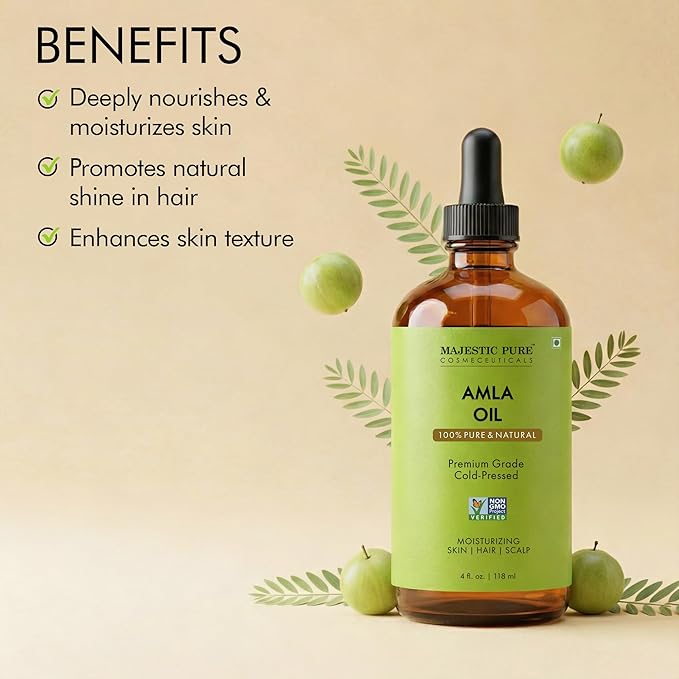 Majestic Pure Amla Oil 4oz (118ml) Premium Carrier Oil with Dropper for Hair Care, Hair Oiling, Scalp Massage, & Skin Care