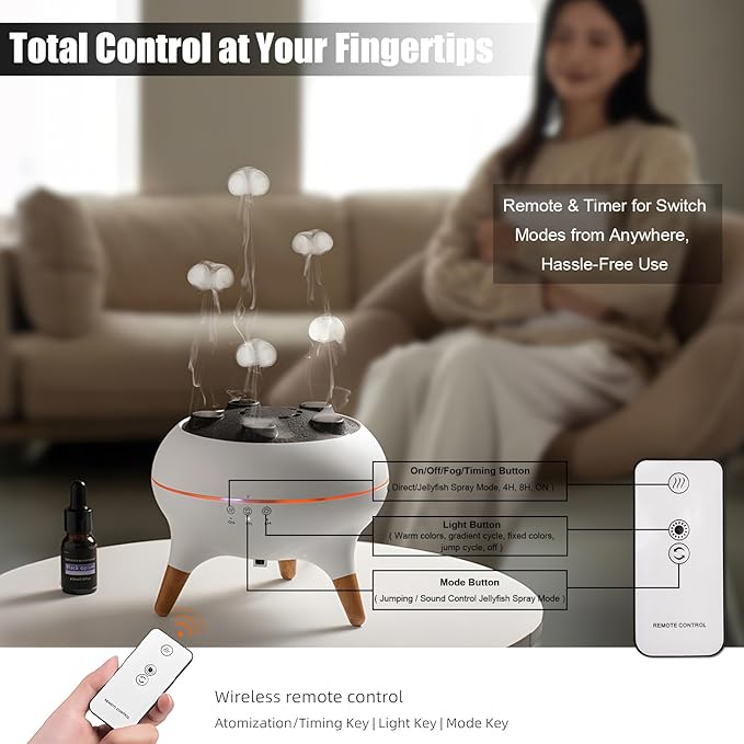 Essential Oil Jellyfish Diffuser, Aromatherapy Diffuser, 250ml Ultrasonic Cool Mist Humidifier, Music Sync Jelly Fish Diffuser with 7 Colors Light, Remote, Timer for Home Office (White)
