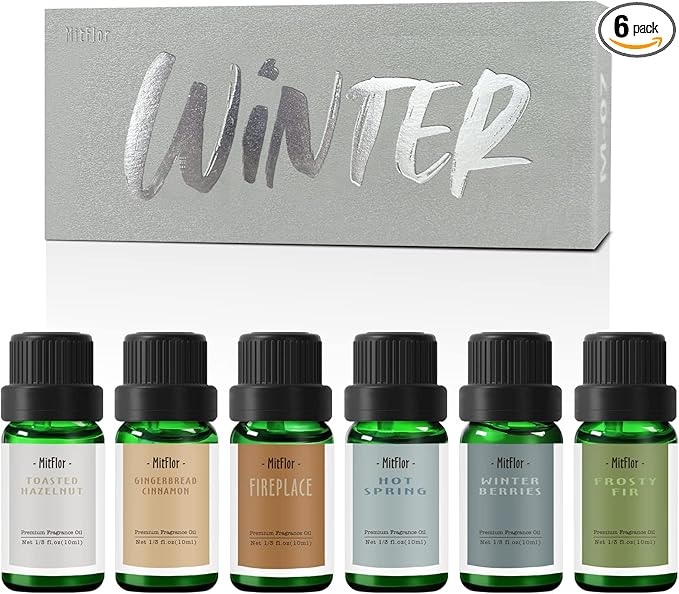 Fragrance Oils, MitFlor Winter Essential Oils for Diffusers for Home, 6 x10ml, Soap & Candle Making Scents, Premium Holiday Aromatherapy Gift Set -Frosty Fir, Hot Spring, Fireplace & More