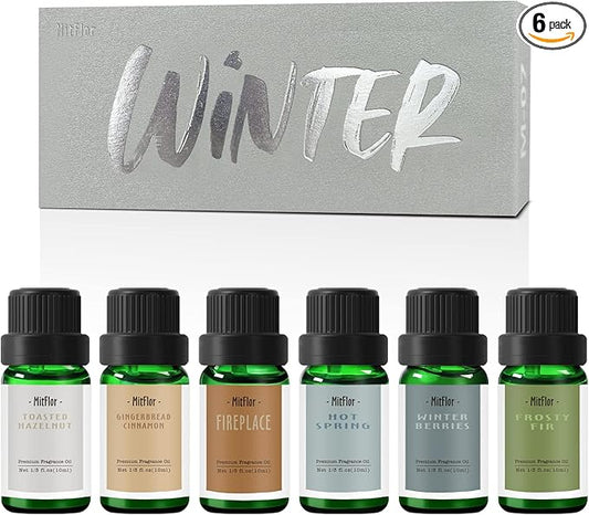 Fragrance Oils, MitFlor Winter Essential Oils for Diffusers for Home, 6 x10ml, Soap & Candle Making Scents, Premium Holiday Aromatherapy Gift Set -Frosty Fir, Hot Spring, Fireplace & More