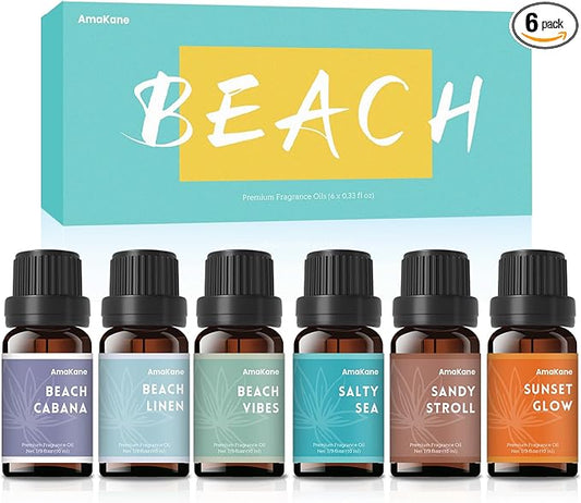 AmaKane Beach Fragrance Oil Set, Summer Essential Oils for Diffuser for Home, Candle Soap Making Scents, Beach Vibes, Sunset Glow, Linen, Salty Sea, Sandy Stroll, Beach Cabana, 6x10ml