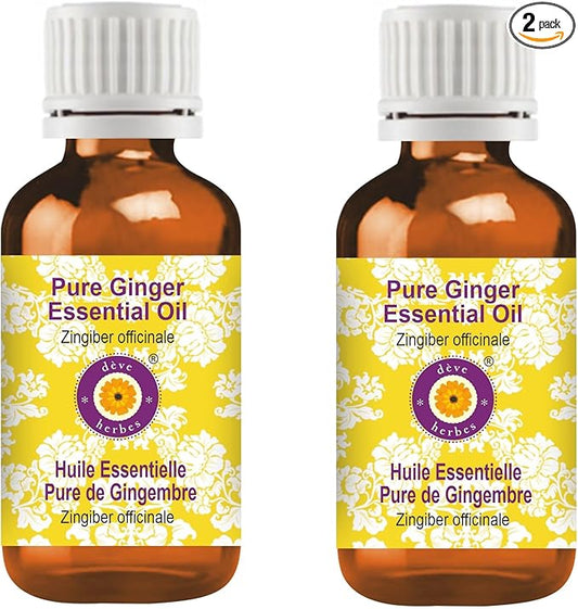Deve Herbes Pure Ginger Essential Oil (Zingiber officinale) Steam Distilled (Pack of Two) 100ml X 2 (6.76 oz)