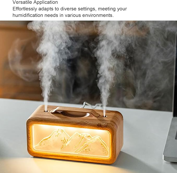 600ml Essential Oil Diffuser, Dual Spray Mountain Aromatherapy Diffuser Cool Mist Humidifier with Light, Essential Oil Scent for Home Bedroom (Dark Wood Grain)