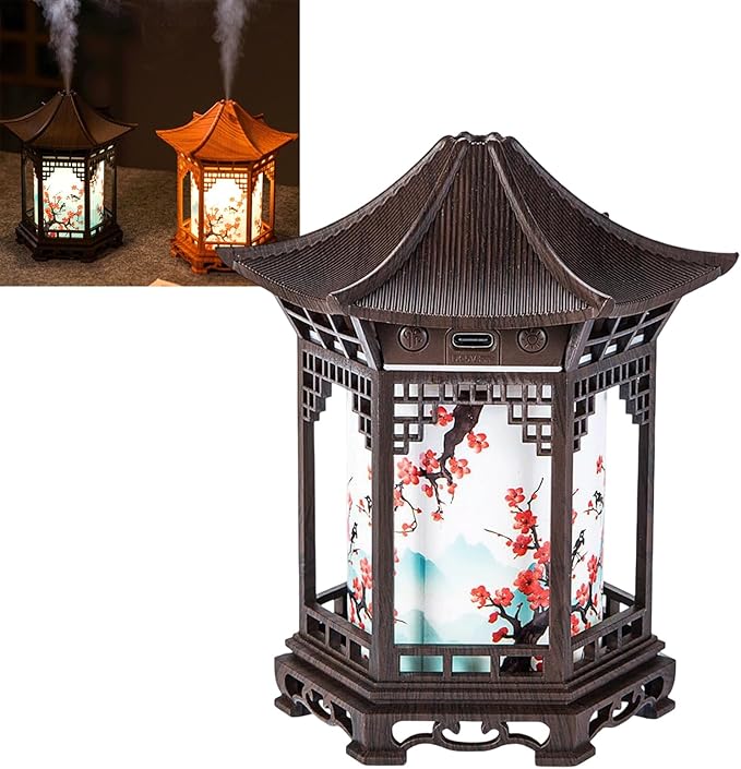 Zen Pavilion Lantern Aroma Diffuser & Night Light, 160ml Diffuser, Dual Mist Modes, Chinese Zen Garden Humidifier, Warm & White Light for Sleep, Yoga, Meditation & Spa(Dark Wood)
