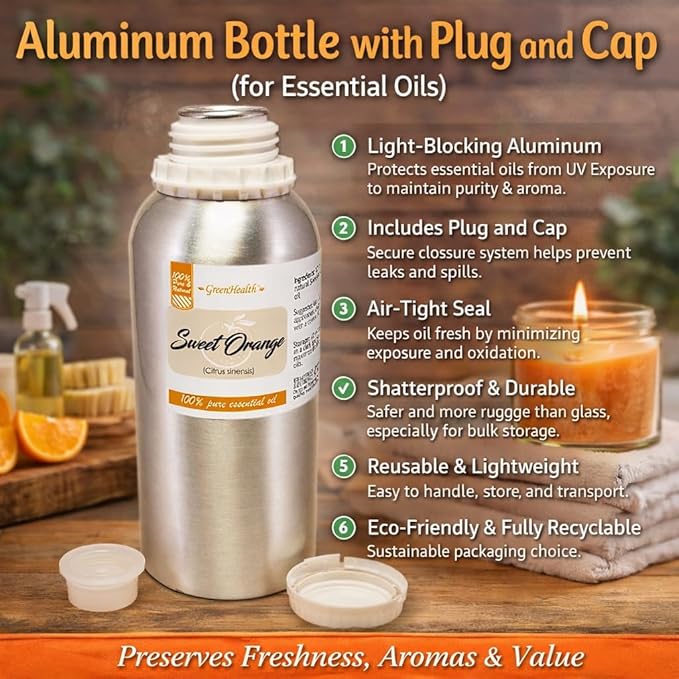 Sweet Orange Essential Oil – 16 fl oz (473 ml) Aluminum Bottle w/Plug Cap – 100% Pure Essential Oil – GreenHealth