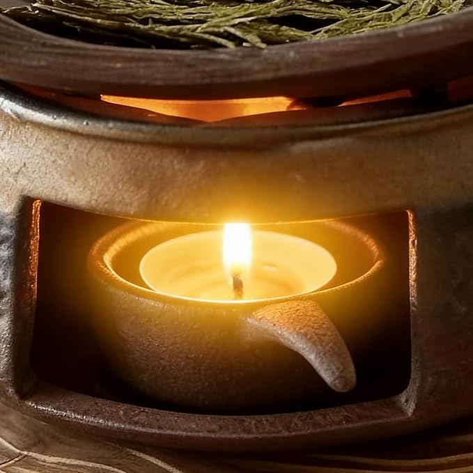 Ceramic Aromatherapy Stove Essential Oil Burner with Wooden Base,Cedar and Zen Herb Burner,Incense Burner Kit for Home Office Natural Fragrance Diffuser, Meditation Relaxation (1)