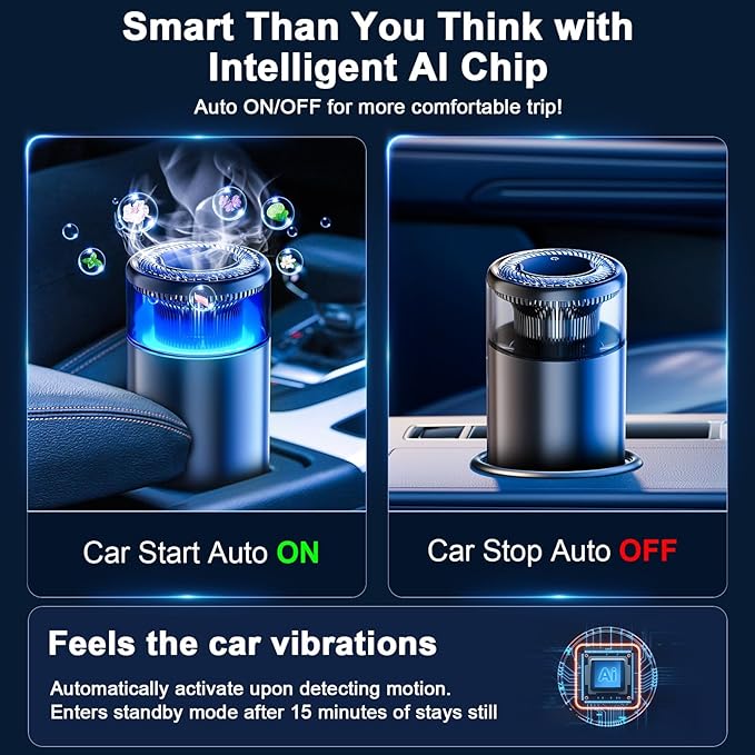 Smart Car Air Fresheners, Ambient Light & Mist Fragrance, Auto On/Off Car Air Freshener Diffuser, Adjustable Intensity, Premium Scents Refill, Lasts 1000 Times, Built-in Battery, Fanaticism