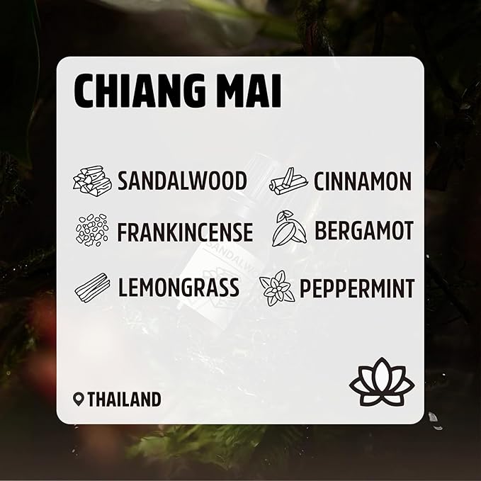 Essential Oils Set Chiang Mai Series Set of 6-100% Pure Oils kit Cinnamon, Sandalwood, Frankincense, Peppermint, Lemongrass, Bergamot 10ML Suitable for Candle Making, Fresh fragrances Diffuser