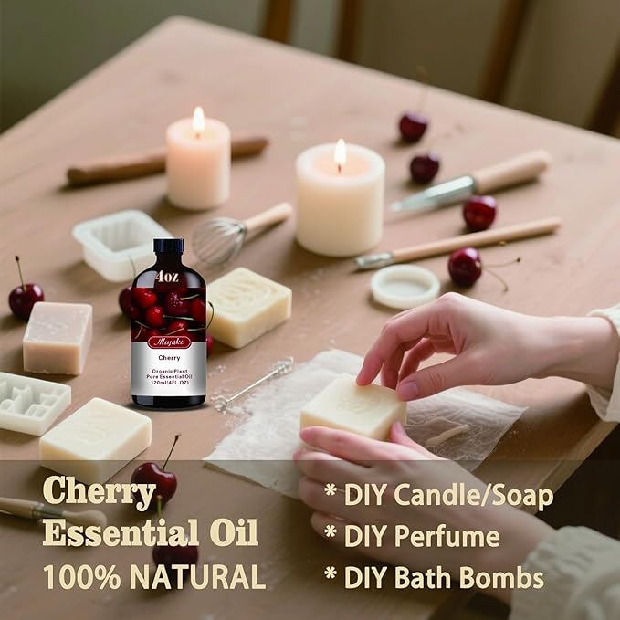 Cherry Essential Oil – MLYNKL Cherry Oils 4.33 fl oz for Diffusers, Humidifiers, Massage, DIY Candles, Soap, Cleaning, Home, Yoga, Office, Gifts - 130 ml