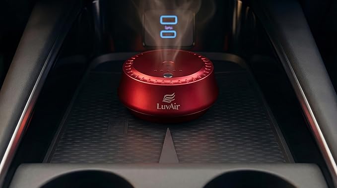LuvAir Smart waterless car Aroma Diffuser Set, Adjustable Ultra Sonic-Mist Technology, Rechargeable, 100% Natural Fragrance, Aromatherapy Oil Scent Included (Red, Bloom Flux)