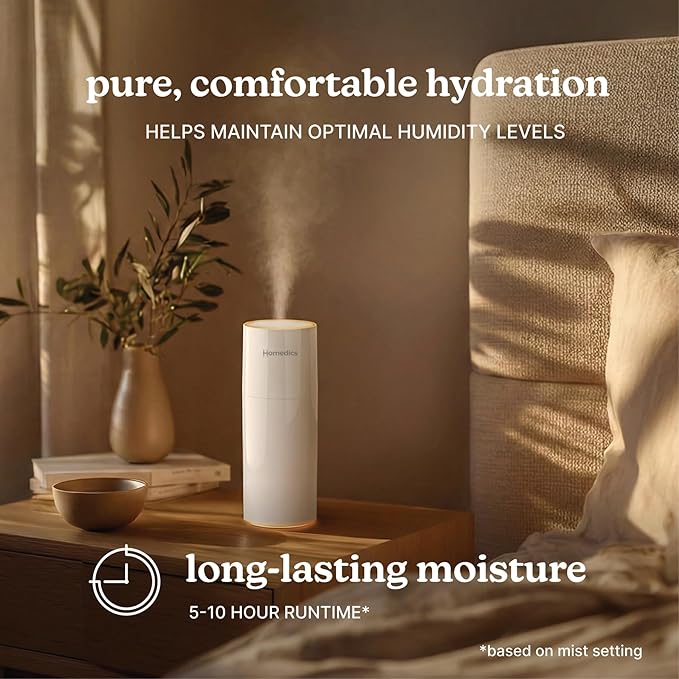 Homedics Portable Humidifier – Small Ultrasonic Cool Mist Humidifier for Bedroom, Desk & Travel, Mini Personal Humidifier, 7.7 oz Tank, Auto Shutoff, Night Light, Rechargeable (Gloss White)