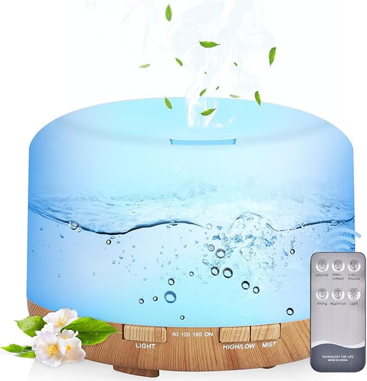 Essential Oil Diffuser 500ml-Humidifier,Aroma Diffuser for Home with 7 Colors Light,Remote Control Air Diffuser for Large Room,Bedroom,Office(Light Wood)