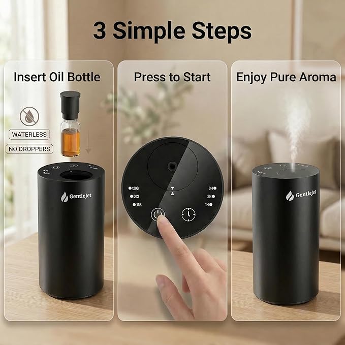 GentleJet LiteMist Waterless Nebulizing Essential Oil Diffuser – Cold Air Aromatherapy, USB-C Cordless 2000mAh Battery, Aluminum Portable for Home Office Car, 20ml