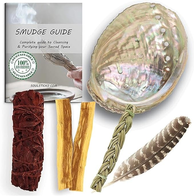 Ancient VEDA Organic Smudge Kit – Dragon's Blood, Palo Santo, Sweetgrass, Abalone Shell, Feather & Smudge Guide | Smudging Kit for Home Energy Cleansing, Meditation (Healer's Kit, Dragon's Blood Sage)
