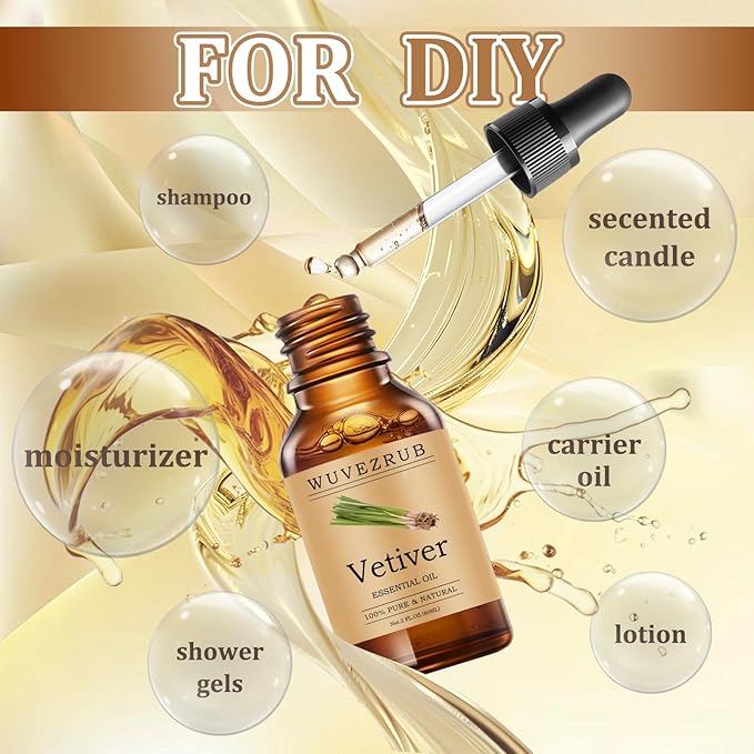 Vetiver Essential Oils 60ML, Pure Vetiver Essential Oil for Aromatherapy Diffuser - 2 Fl Oz