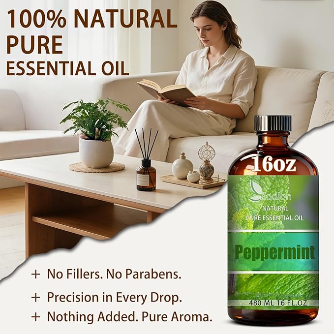 Peppermint Essential Oil, 16 fl oz (480ml) - ZODION Peppermint Fragrance Oil for Diffuser, Massage, Humidifier, DIY Candle, Soap Making, Home, Bath, Yoga