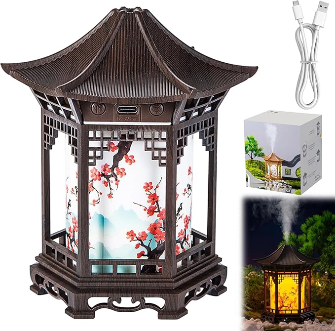Zen Pavilion Lantern Aroma Diffuser & Night Light, 160ml Essential Oil Diffuser with 2 Mist Modes, USB Direct Charging Japanese Style Zen Garden Humidifier for Meditation, Yoga and Sleep (Brown)