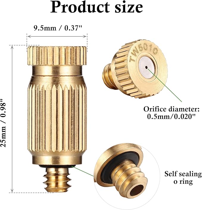 Mornajina 20 Packs Brass Misting Nozzles Mister Replacement Nozzles for Outdoor Cooling System, Misting System Heads Sprayer 0.020" (0.5 mm) 10-24 UNC, High Pressure
