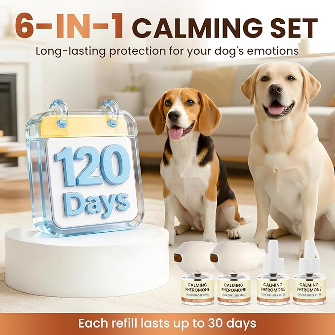 Dog Pheromones Calming Diffuser to Calm Dogs 6 IN 1 Kit (2 Diffusers+4 Refills) Pheromone Plug In for Stress Barking Pee Accidents Chewing Aggression Separation Anxiety Relief 120 Days(Odorless)
