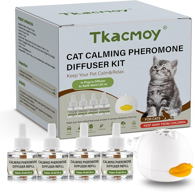 Cat Calming Diffuser, 4-in-1 Pheromone Refills for Anxious Cats, 120-Day Continuous Stress Relief for Multi-Cat Harmony (C)