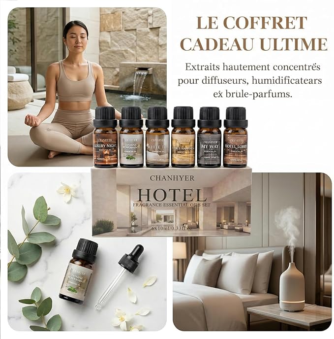 Hotel Collection Essential Oils for Diffusers for Home-6x10ml Luxury Scented Oil Set with Luxury Night,Jasmine Peppermint,White Tea,Citrus Happiness,My Way,Hotel Lobby,Gift for Women and Men
