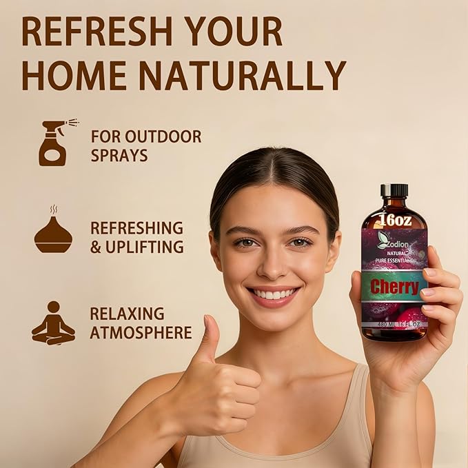 Cherry Essential Oil, 16 fl oz (480ml) - ZODION Cherry Fragrance Oil for Diffuser, Massage, Humidifier, DIY Candle, Soap Making, Home, Bath, Yoga