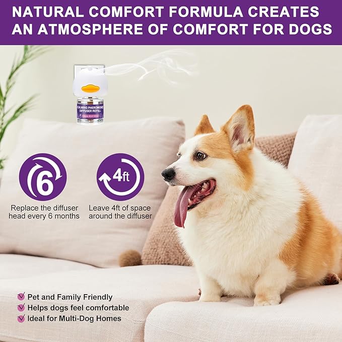 Calming Pheromone Diffuser for Dogs, 1 Diffuser 3 Refills, Relieves Separation Anxiety, Stress, Barking, and Chewing Calming Relaxation
