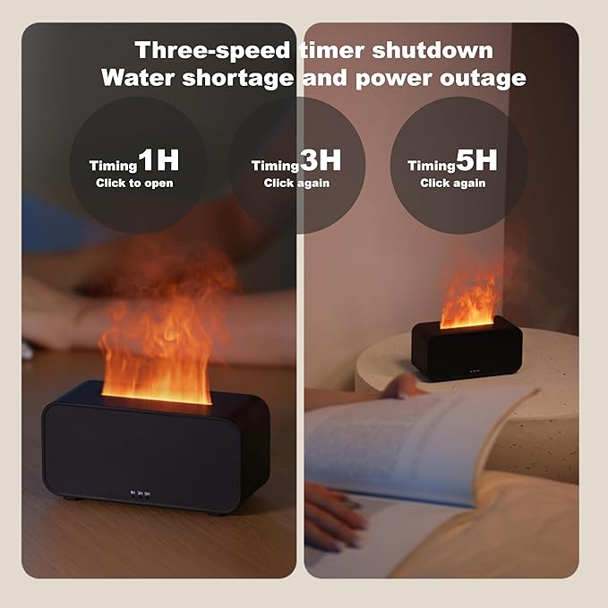 Mini Humidifier with LED Flame, Multiple Color Modes, 120 ml, Essential Oil Humidifier with Timer Adjustment and Waterless Auto Shut-Off for Home, Bedroom and Office(Black)